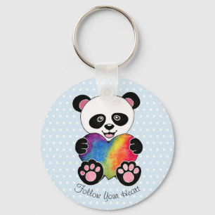 Watercolor Cute Panda With Rainbow Heart Key Ring