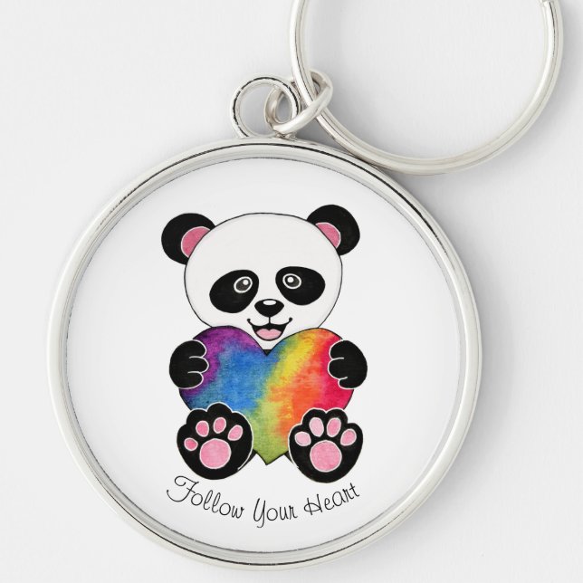 Watercolor Cute Panda With Rainbow Heart Key Ring (Front)
