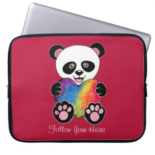 Watercolor Cute Panda With Rainbow Heart Laptop Sleeve