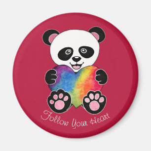 Watercolor Cute Panda With Rainbow Heart Magnet