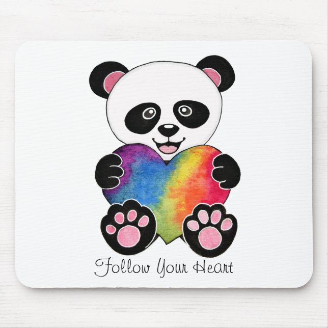 Watercolor Cute Panda With Rainbow Heart Mouse Mat (Front)