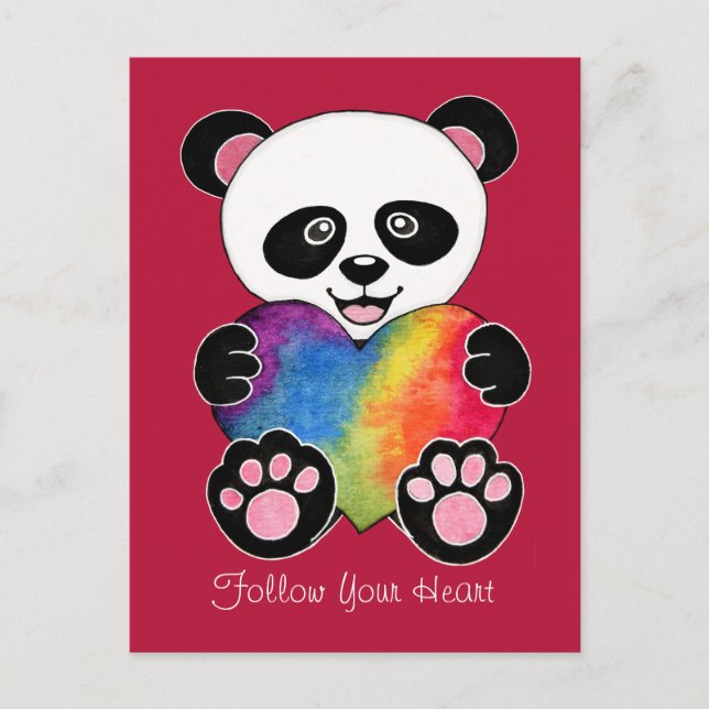 Watercolor Cute Panda With Rainbow Heart Postcard (Front)