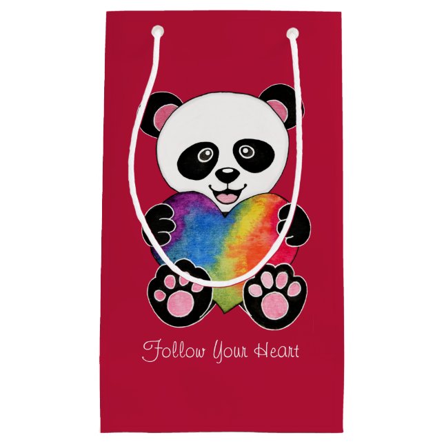 Watercolor Cute Panda With Rainbow Heart Small Gift Bag (Front)