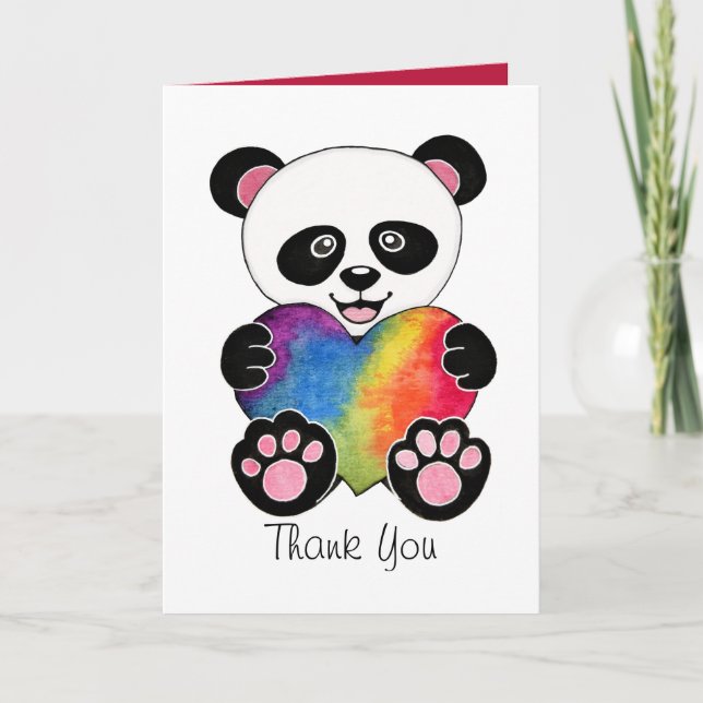 Watercolor Cute Panda With Rainbow Heart Thank You Card (Front)