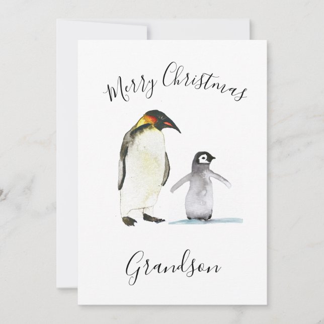 Watercolor Cute Penguin Merry Christmas Kids Holiday Card (Front)