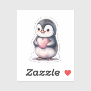 Watercolor Cute penguin pink heart