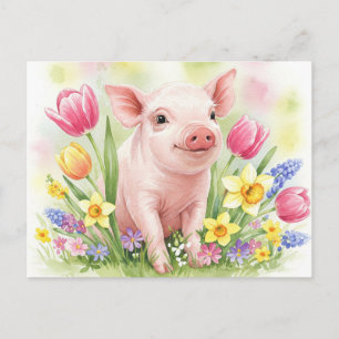 Watercolor Cute Pig Flowers Young Animals Postcard