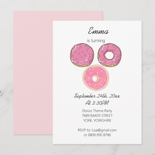 Watercolor Cute Pink 3 Doughnuts Birthday Theme  Invitation (Front/Back)
