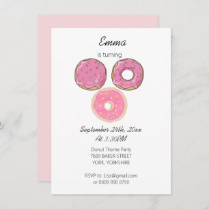 Watercolor Cute Pink 3 Doughnuts Birthday Theme  Invitation