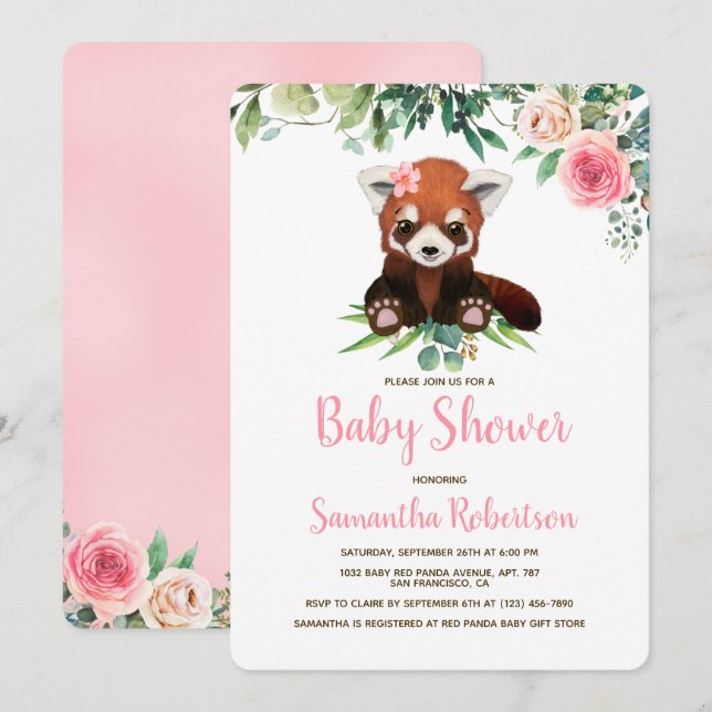 watercolor Cute Pink Bear Girl Baby Shower Invitation (Front/Back)