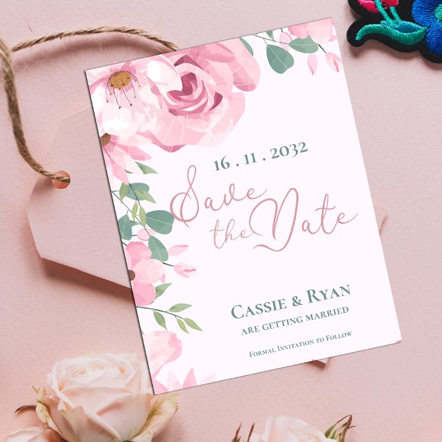 Watercolor Cute Pink Floral Wedding Save the Date (Watercolor Cute Pink Floral Wedding Save the Date)