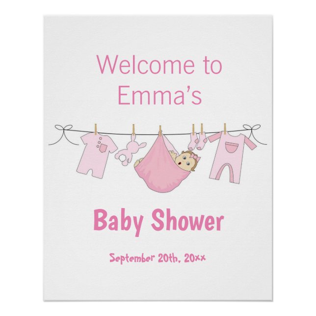 Watercolor Cute Pink Girl Baby Shower Welcome  Poster (Front)