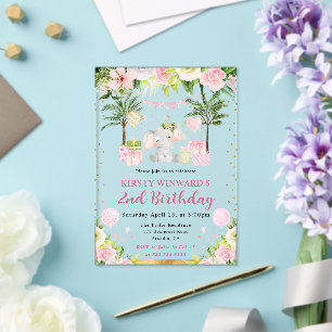 Watercolor Cute Pink Jungle Elephant Kids Birthday Acrylic Invitations