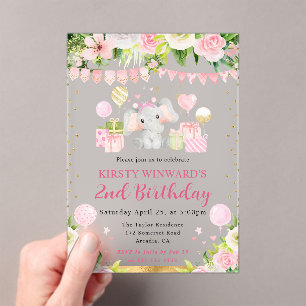 Watercolor Cute Pink Jungle Elephant Kids Birthday Acrylic Invitations
