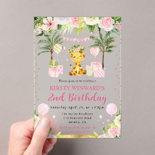 Watercolor Cute Pink Jungle Giraffe Kids Birthday Acrylic Invitations
