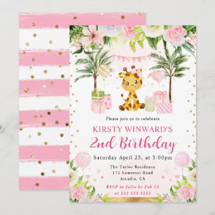 Watercolor Cute Pink Jungle Giraffe Kids Birthday Invitation