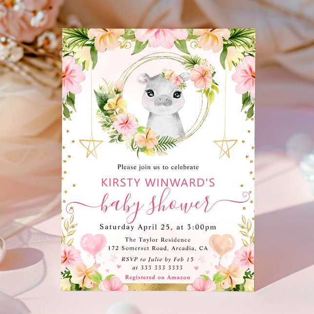 Watercolor Cute Pink Jungle Hippo Baby Shower Invitation (Creator Uploaded)