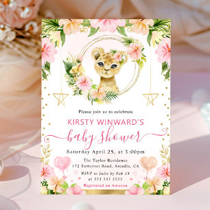 Watercolor Cute Pink Jungle Lion Baby Shower Invitation