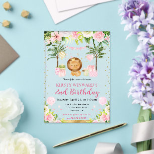Watercolor Cute Pink Jungle Lion Kids Birthday Acrylic Invitations
