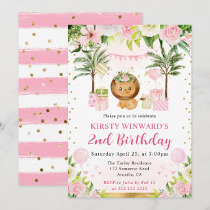 Watercolor Cute Pink Jungle Lion Kids Birthday Invitation