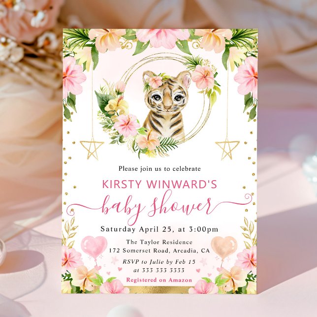 Watercolor Cute Pink Jungle Tiger Baby Shower Invitation (Creator Uploaded)