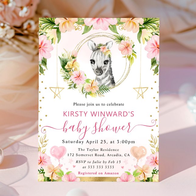 Watercolor Cute Pink Jungle Zebra Baby Shower Invitation (Creator Uploaded)