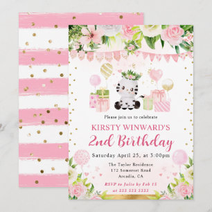 Watercolor Cute Pink Jungle Zebra Kids Birthday Invitation