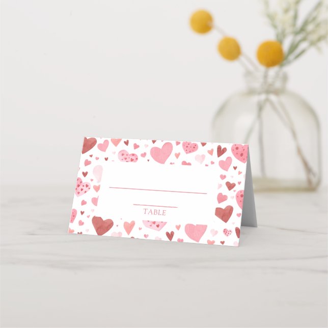 Watercolor Cute Pink Red Hearts Valentine's Day Place Card (Front)