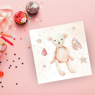 Watercolor Cute Pink Teddy Bear Baby Shower Napkin
