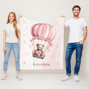 Watercolor Cute Pink Teddy Bear Hot Air Balloon Fleece Blanket