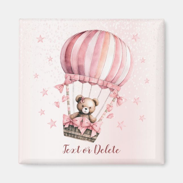 Watercolor Cute Pink Teddy Bear Hot Air Balloon Magnet (Front)