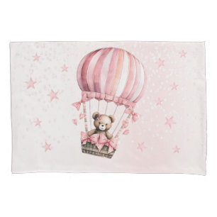 Watercolor Cute Pink Teddy Bear Hot Air Balloon Pillowcase