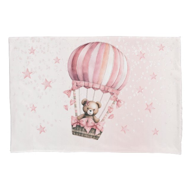 Watercolor Cute Pink Teddy Bear Hot Air Balloon Pillowcase (Front)