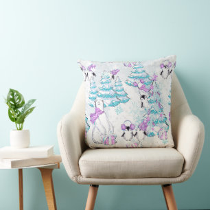 Watercolor Cute Polar Bear and Penguin Friends Cushion