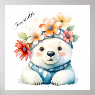 Watercolor Cute Polar Bear with Flowers Poster