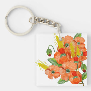Watercolor cute poppy flowers key ring