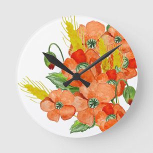 Watercolor cute poppy flowers round clock