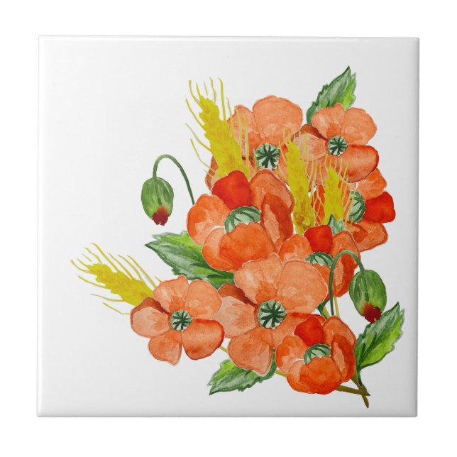 Watercolor cute poppy flowers stone coaster (Front)