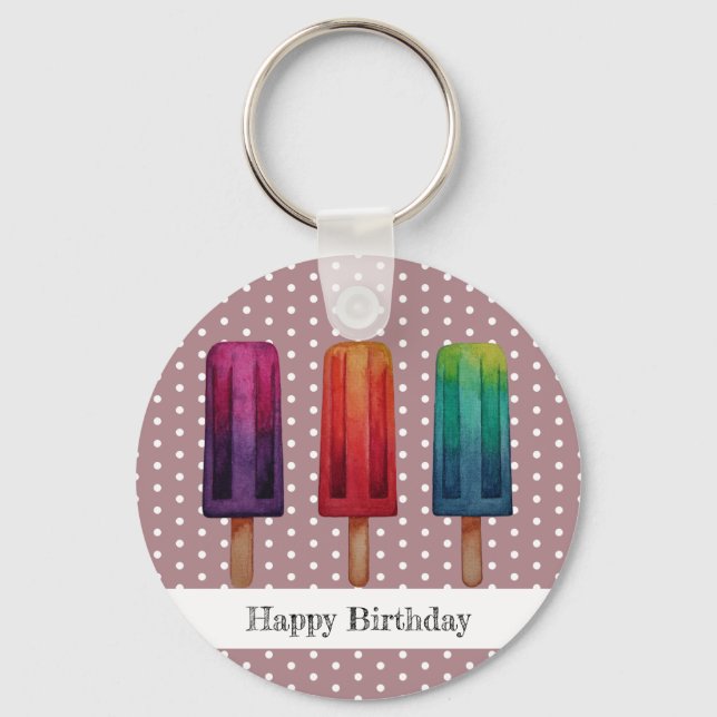 Watercolor Cute Popsicle Ice Creams Key Ring (Front)