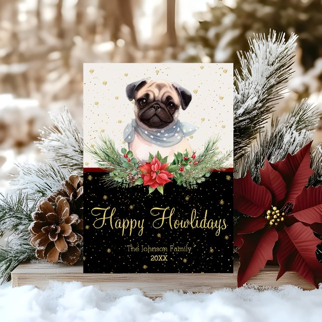Watercolor Cute Pug Dog Happy Howlidays Holiday Card (Creator Uploaded)