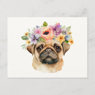 Watercolor Cute Pug Puppy with Flower Wreath Postcard