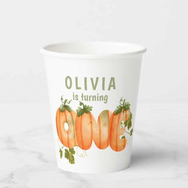 Watercolor cute Pumpkin 1st Birthday Fall Pumpkins Paper Cups (Front)