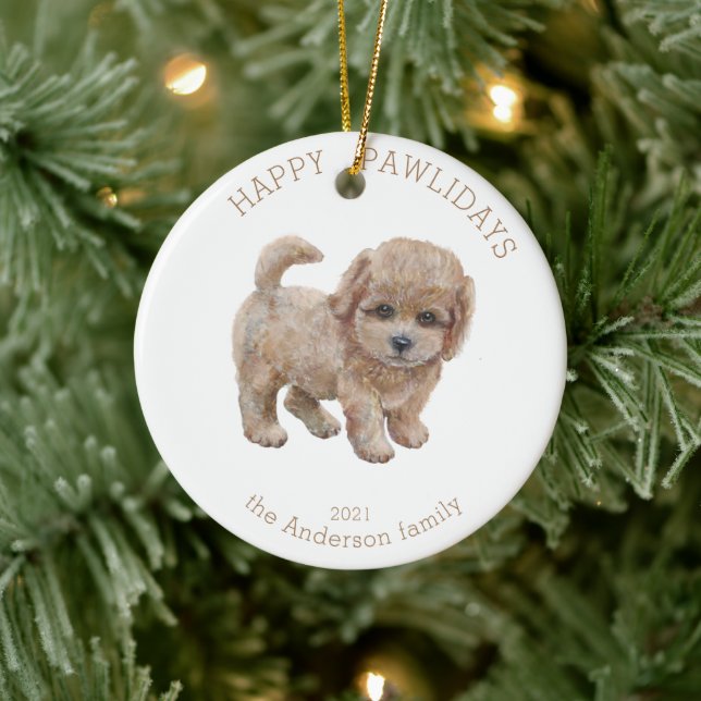 Watercolor Cute Puppy Happy Pawliday Ceramic Tree Decoration (Tree)