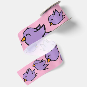 Watercolor Cute Purple Bird Drawing Satin Ribbon