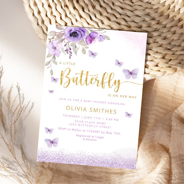 Watercolor Cute Purple Butterfly Girl Baby Shower Invitation (Creator Uploaded)