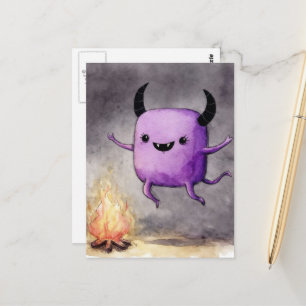 Watercolor Cute Purple Monster and a Campfire Postcard