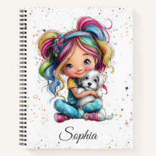 Watercolor Cute Quirky Girl with Puppy Notebook