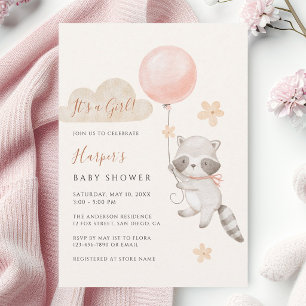 Watercolor Cute Raccoon Flying Balloon Baby Shower Invitation