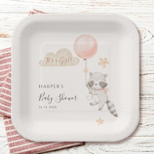 Watercolor Cute Raccoon Flying Balloon Baby Shower Paper Plate