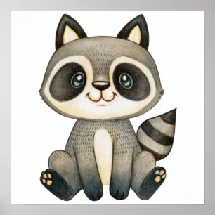 Watercolor Cute Raccoon Poster